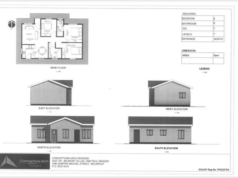 Architectural floor plan and elevation drawings for a single-level residential property featuring three bedrooms and two bathrooms.