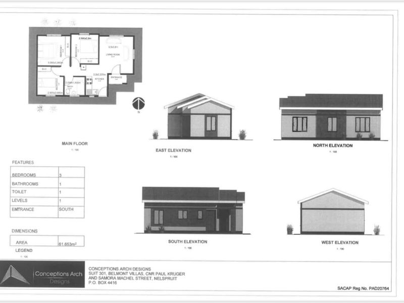 Architectural floor plan and elevation drawings for a three-bedroom, single-level residential house design.