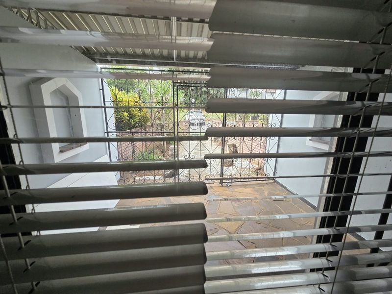 A view from inside looking out through venetian blinds onto a paved patio area with a metal security gate and corrugated roof covering.