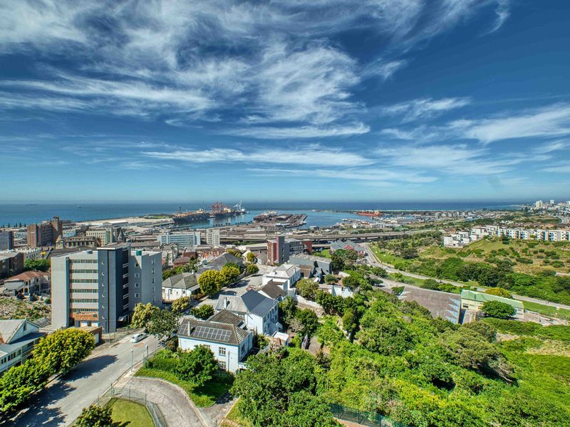 An elevated panoramic view overlooking the surrounding urban landscape, coastal harbor, and ocean horizon.