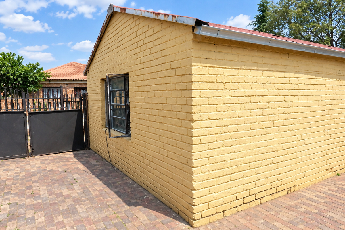 Exterior view of a painted brick outbuilding featuring a metal roof, security gate, and paved driveway area.