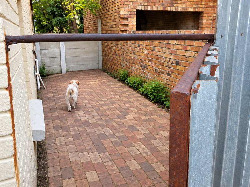 A narrow paved side yard area featuring face brick walls, corrugated metal fencing, and a rusted metal support structure.