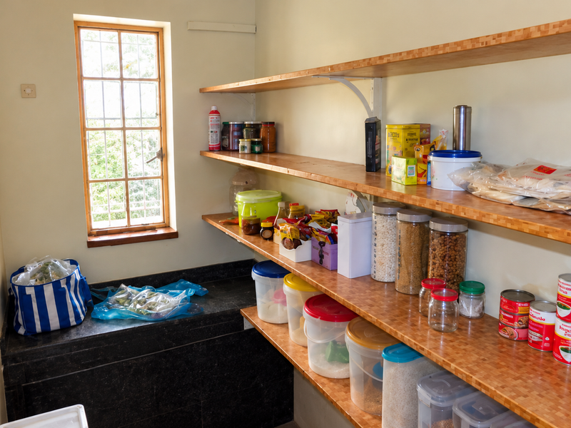 A functional scullery or pantry area featuring extensive built-in timber shelving and a durable stone countertop, providing ample storage space.