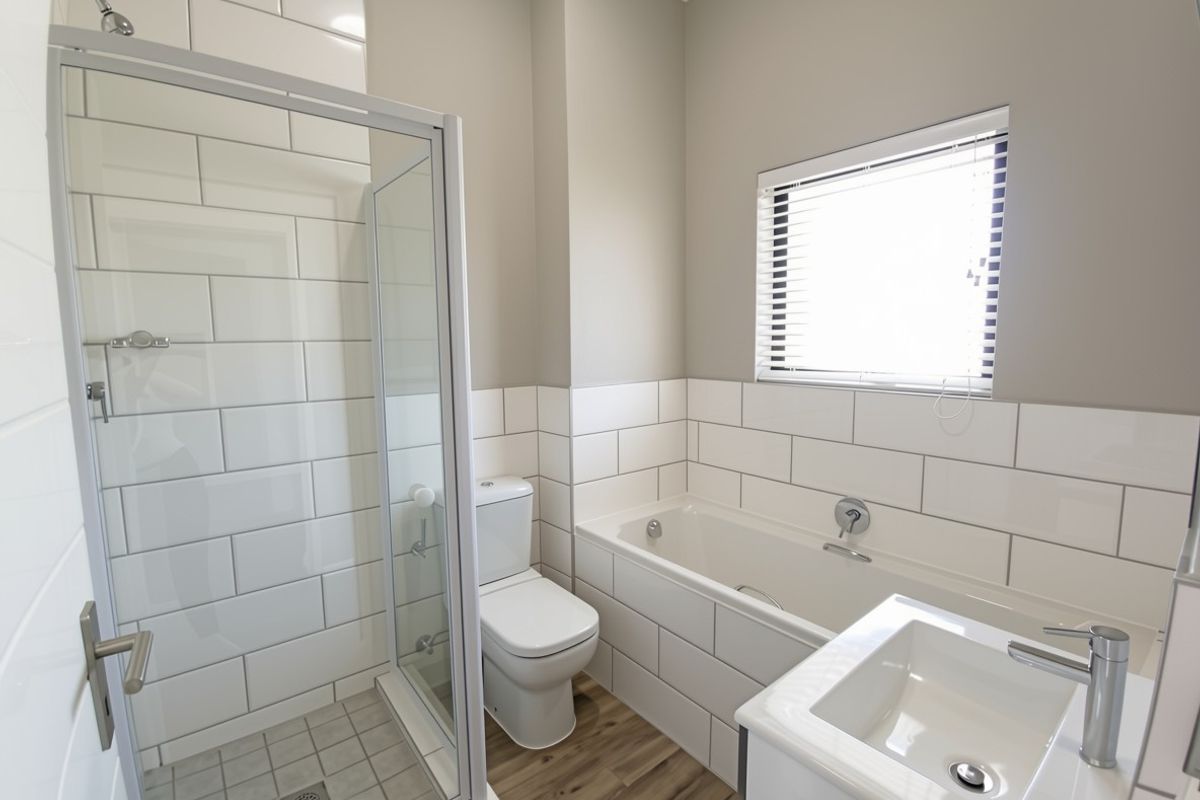 Modern bathroom featuring a glass shower enclosure, built-in bathtub, vanity basin, and clean subway tile finishes.