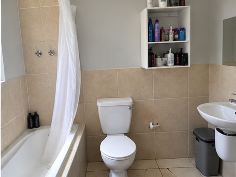 A functional bathroom featuring a bathtub with shower attachment, pedestal sink, and toilet, finished with neutral wall and floor tiling.