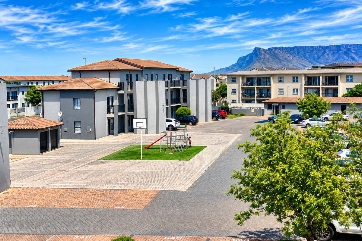 An elevated view of a townhouse complex featuring paved parking areas, a communal playground, and multi-story residential buildings with mountain views.