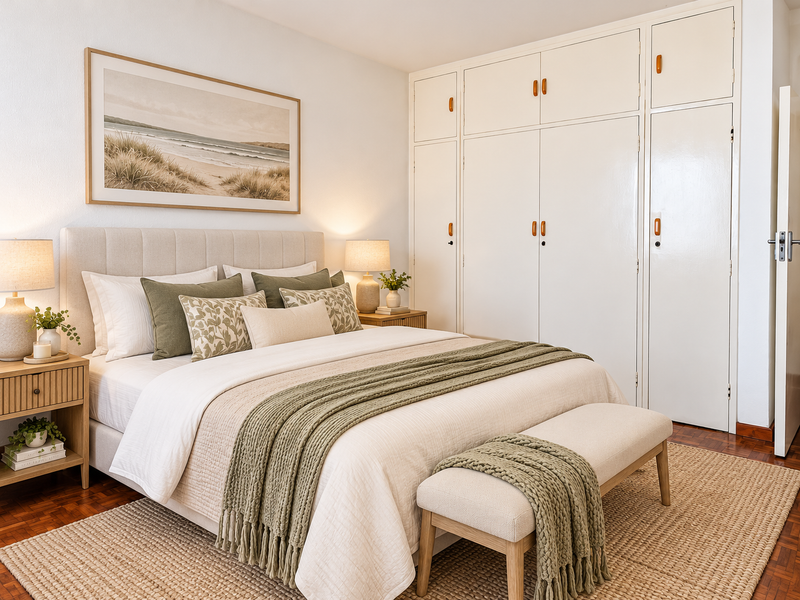 A well-maintained bedroom featuring classic parquet flooring and extensive floor-to-ceiling built-in cupboards providing ample storage space.