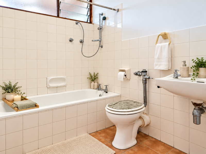 A functional bathroom featuring a built-in bathtub with shower attachment, a wall-mounted basin, and a flushometer toilet, finished with neutral wall tiles.