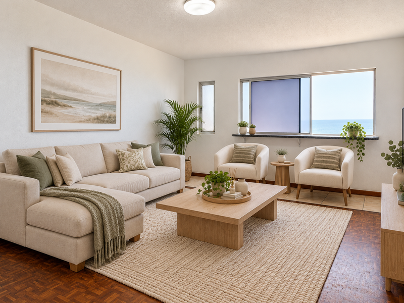 A bright and inviting living room featuring classic parquet flooring, large windows with ocean views, and a neutral color palette.