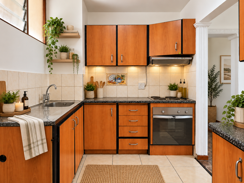 A functional kitchen featuring wood-finish cabinetry, laminate countertops, built-in oven with hob, extractor fan, and tiled backsplash with neutral floor tiling.