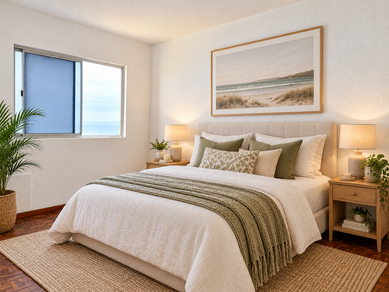 A well-lit bedroom featuring parquet flooring and a sliding window with ocean views, presented in a clean and neutral aesthetic.