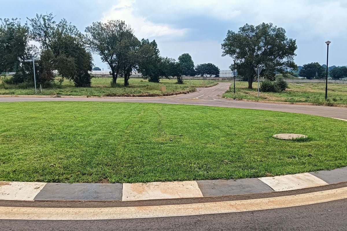 A view of a paved roundabout and surrounding residential land, featuring established trees and street infrastructure.