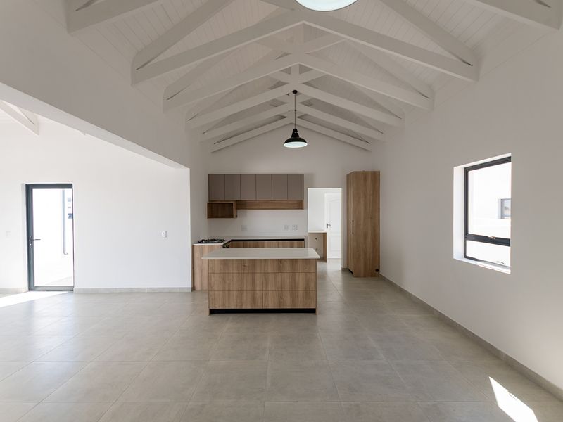 Spacious open-plan living and kitchen area featuring a high vaulted ceiling with exposed trusses, modern cabinetry, and a central kitchen island.