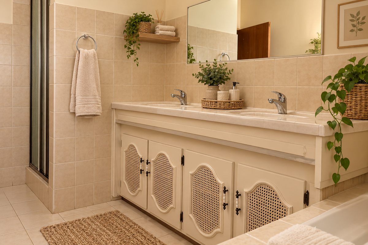 A well-maintained bathroom featuring a double vanity with built-in cabinetry, a tiled shower enclosure, and neutral wall tiling.