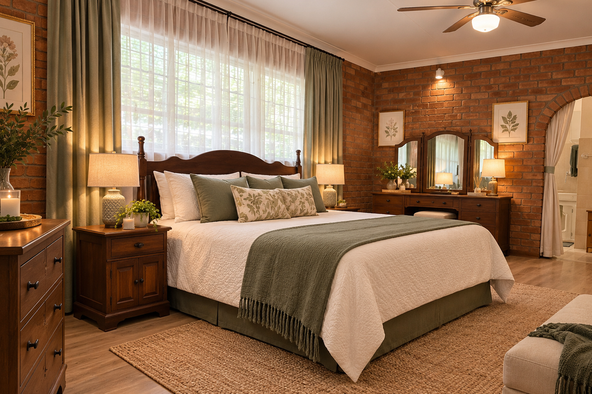 A cozy bedroom featuring exposed brick walls, a ceiling fan, and an arched entryway leading to an adjoining space.