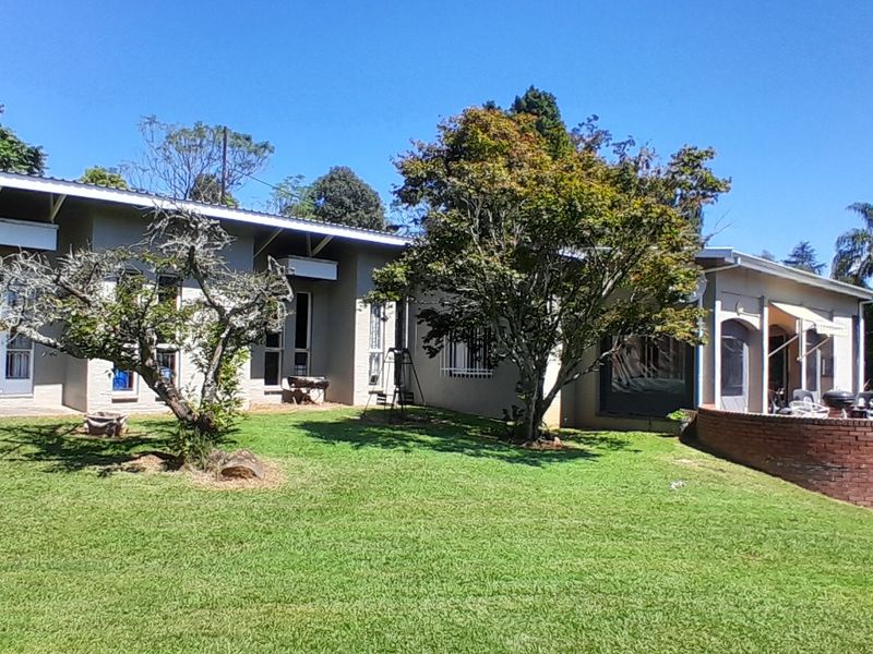 Rear view of the property featuring a spacious lawn, established trees, a brick retaining wall, and a paved patio area.
