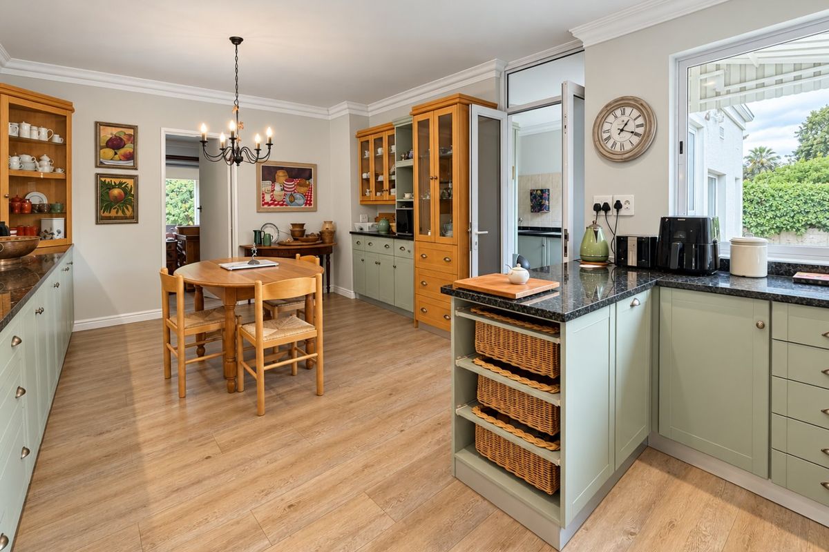 Spacious kitchen featuring light green and timber cabinetry, granite countertops, laminate flooring, and integrated storage solutions with a dedicated dining area.
