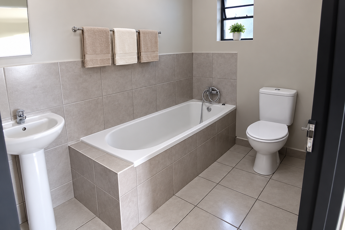 A clean and well-maintained bathroom featuring a pedestal basin, a tiled built-in bathtub with a handheld shower, and a modern toilet.