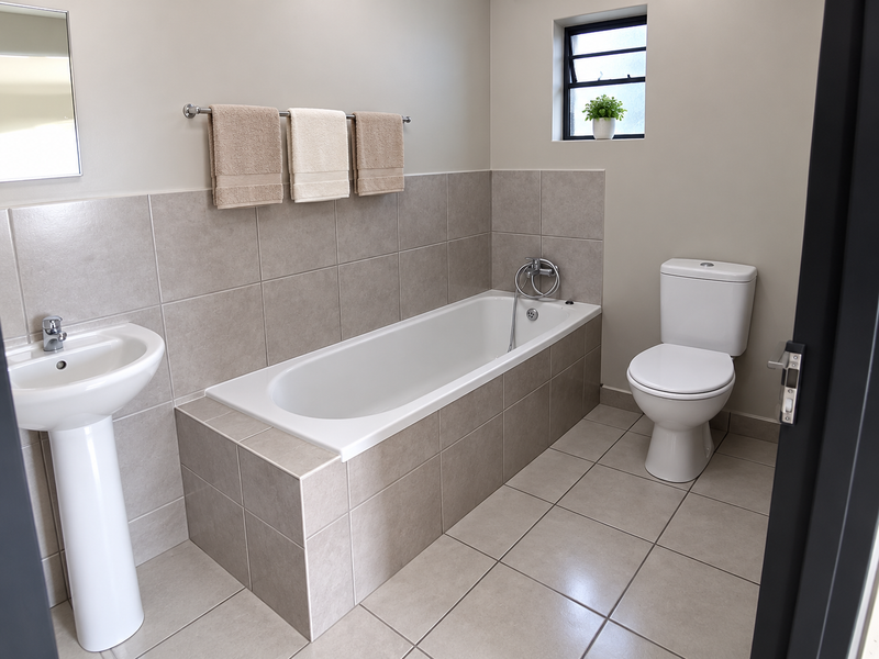 A clean and well-maintained bathroom featuring a pedestal basin, a tiled built-in bathtub with a handheld shower, and a modern toilet.