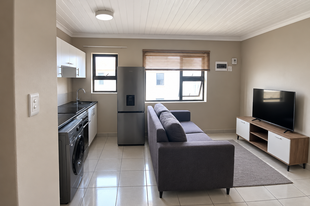 Modern open-plan living area featuring a compact kitchen with built-in cabinetry, tiled flooring, and a bright, neutral aesthetic throughout.