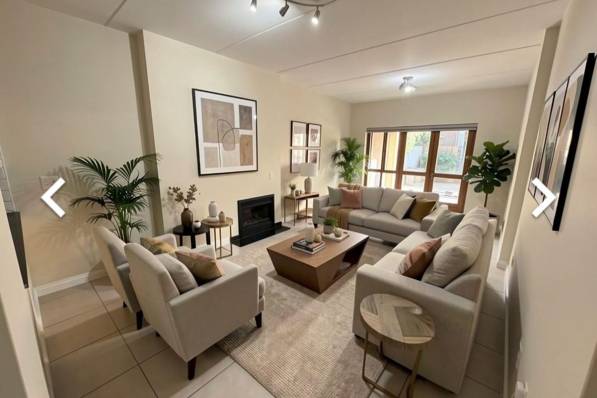 A well-lit living room featuring a built-in fireplace, neutral tiled flooring, and large windows that provide natural light.