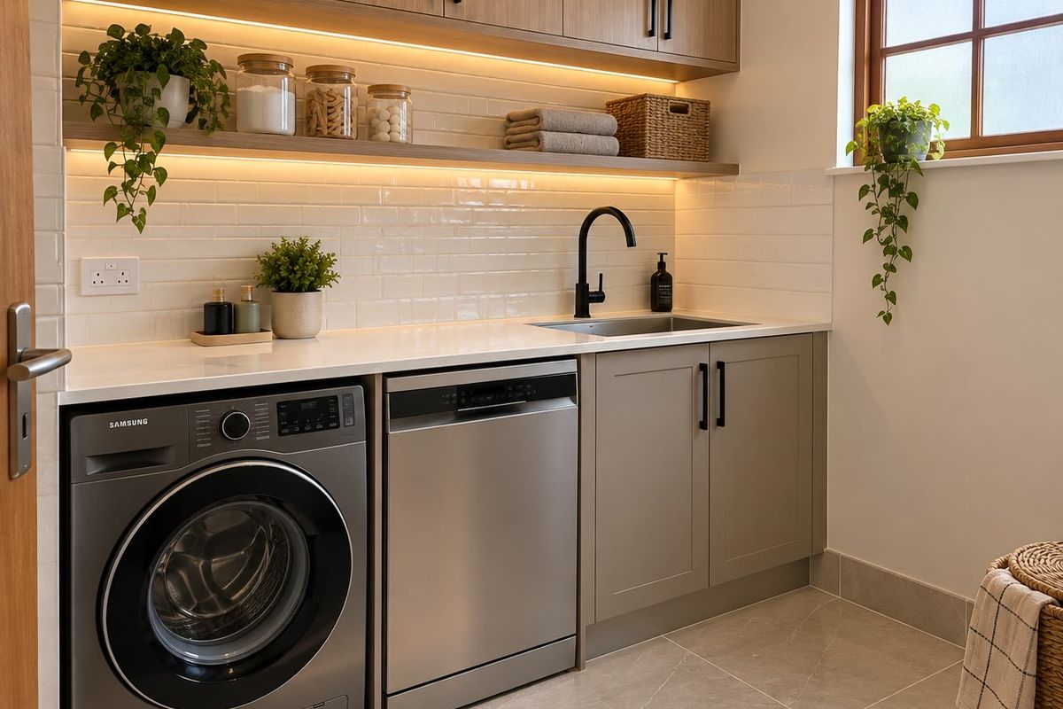 A modern, well-appointed laundry room featuring sleek cabinetry, stone countertops, subway tile backsplash, and integrated appliance spaces with warm under-cabinet lighting.