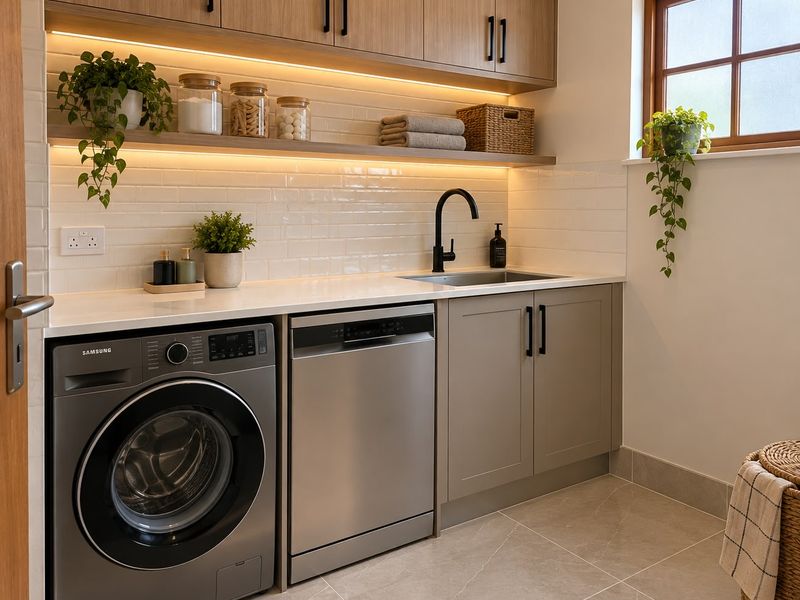 A modern, well-appointed laundry room featuring sleek cabinetry, stone countertops, subway tile backsplash, and integrated appliance spaces with warm under-cabinet lighting.