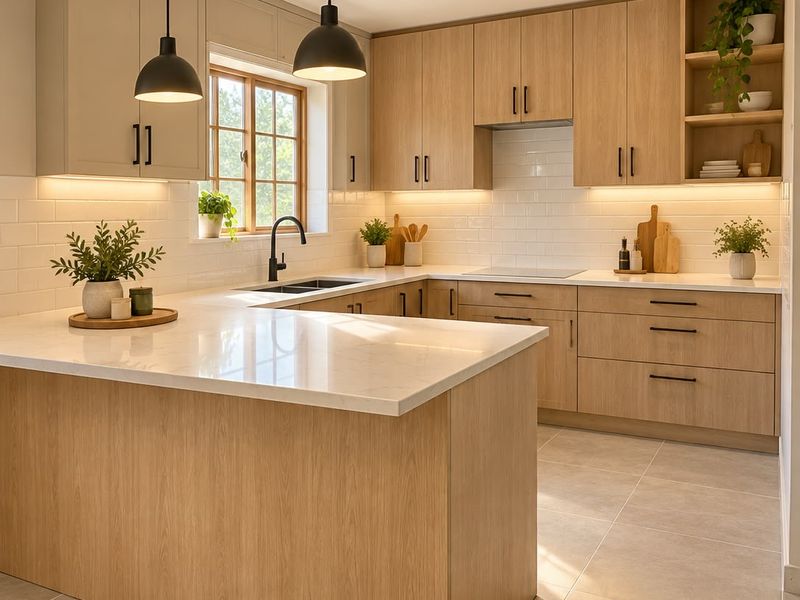 Modern kitchen featuring light wood cabinetry, stone countertops, subway tile backsplash, and a functional island with pendant lighting.