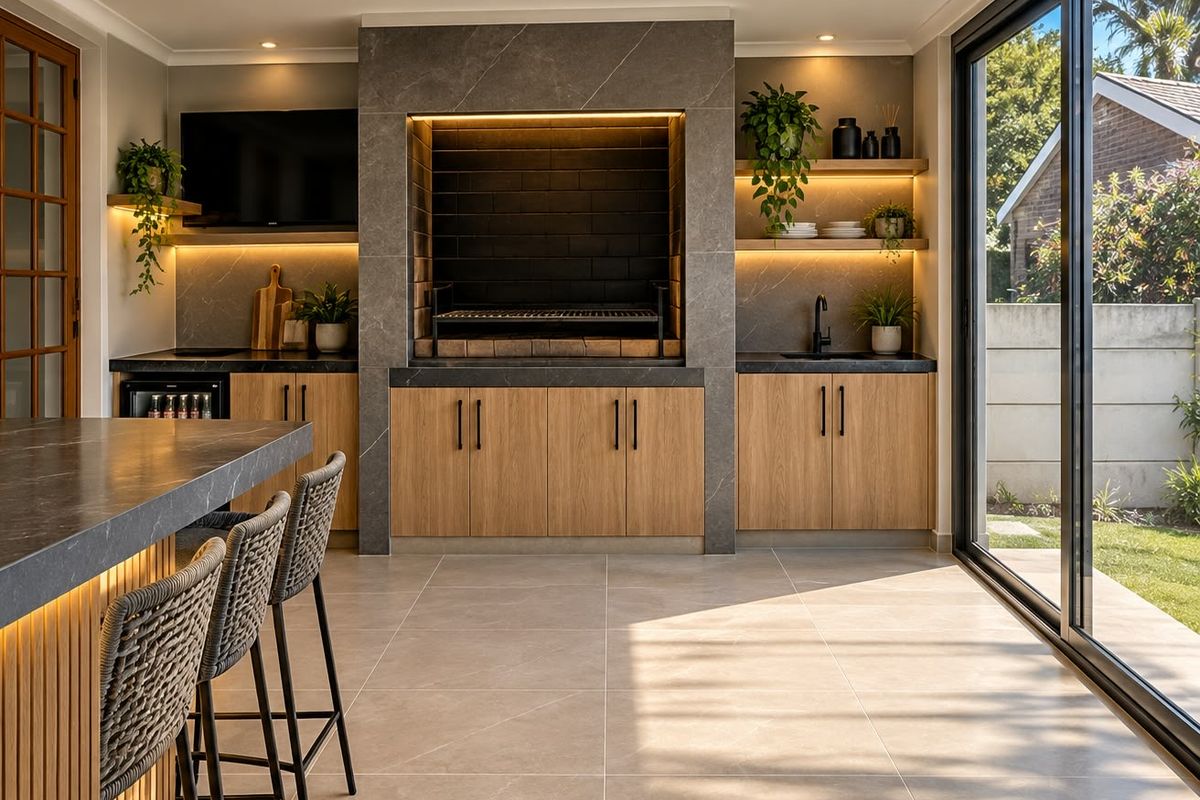 Modern covered patio featuring a built-in braai, stone countertops, custom cabinetry, integrated sink, and large sliding glass doors opening to the garden.