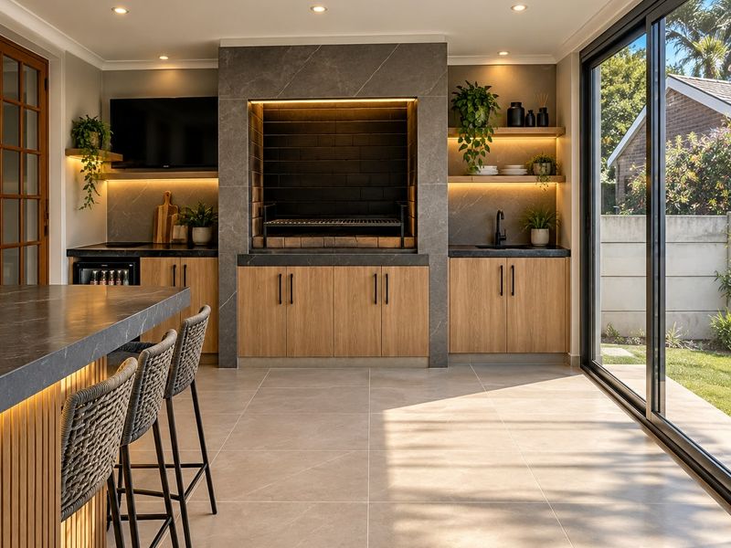 Modern covered patio featuring a built-in braai, stone countertops, custom cabinetry, integrated sink, and large sliding glass doors opening to the garden.