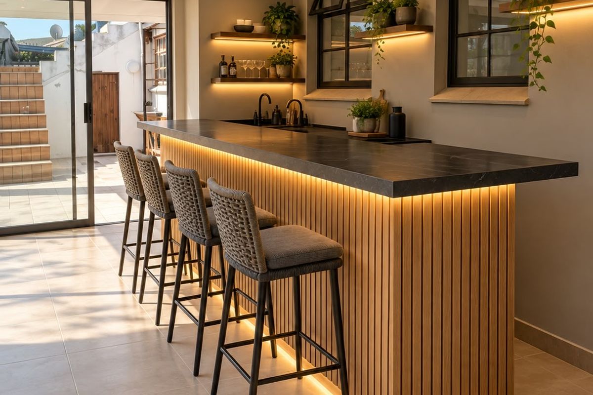 Modern kitchen featuring a stylish slatted timber bar counter with integrated LED lighting, stone surfaces, and direct access to an outdoor patio area.