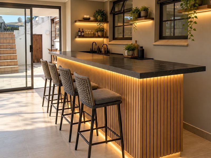 Modern kitchen featuring a stylish slatted timber bar counter with integrated LED lighting, stone surfaces, and direct access to an outdoor patio area.