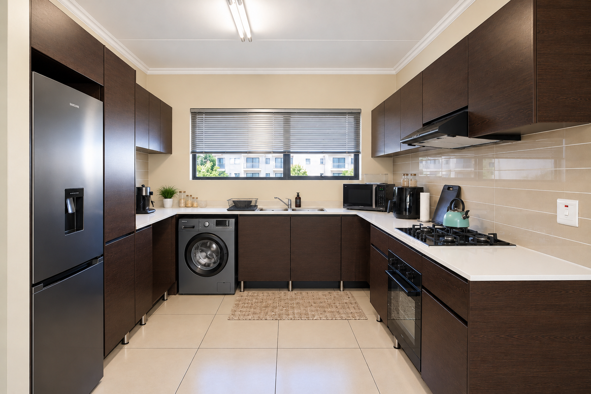 Modern kitchen featuring dark wood cabinetry, white stone countertops, integrated gas hob, built-in oven, and a double sink with tiled backsplash.