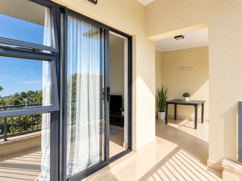 A covered balcony featuring tiled flooring, modern sliding glass doors, and a metal balustrade, offering an outdoor space with views.