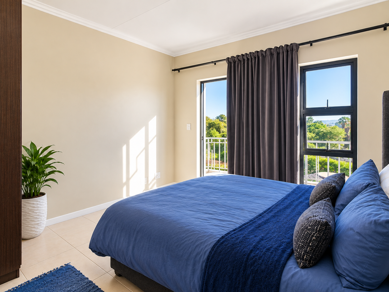 A bright bedroom featuring tiled flooring, a built-in wardrobe, and direct access to a private balcony through a sliding glass door.