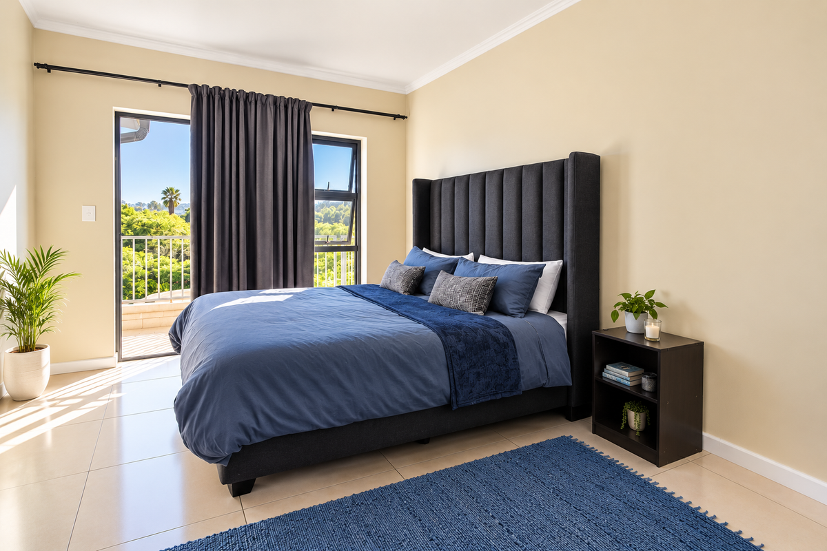 A bright and well-maintained bedroom featuring tiled flooring, a large sliding glass door leading to a balcony, and neutral wall finishes.