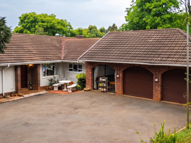A well-maintained single-story brick home featuring a spacious asphalt driveway, a double garage with arched openings, and a covered entrance area.