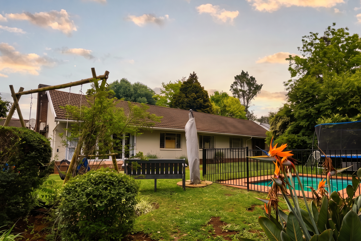 A well-maintained rear garden featuring a swimming pool with safety fencing, established landscaping, and direct access to the home via sliding doors.