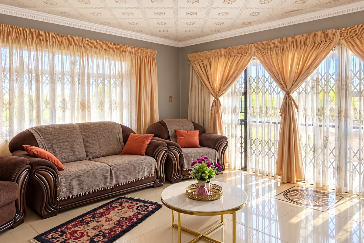 Spacious living room featuring tiled flooring, decorative ceiling detail, and large sliding glass doors with security gates leading to the exterior.