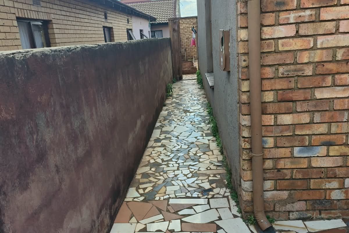 A narrow side passage featuring crazy paving, a facebrick wall, and a boundary wall, requiring maintenance to address weeds and surface staining.