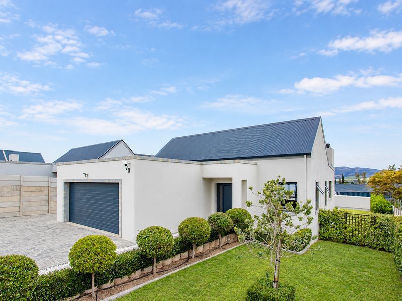 Modern single-story residence featuring a corrugated metal roof, automated garage, paved driveway, and a well-maintained front garden.