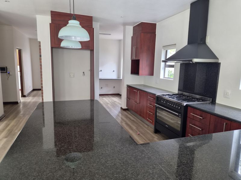 Modern kitchen featuring dark wood cabinetry, granite countertops, a gas stove with extractor fan, and durable laminate flooring in an open-plan layout.