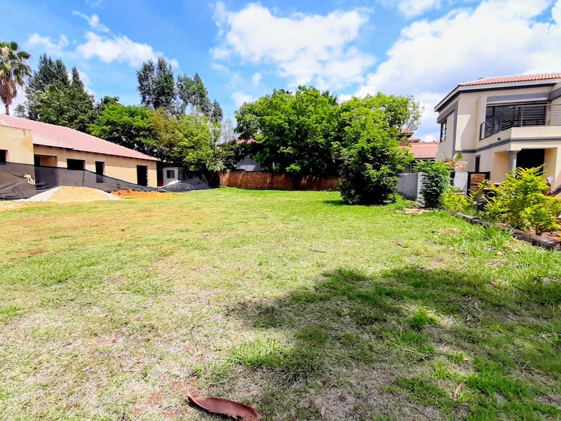 A spacious residential plot featuring a well-maintained lawn, established trees, and boundary walls, offering a clear view of adjacent residential structures.