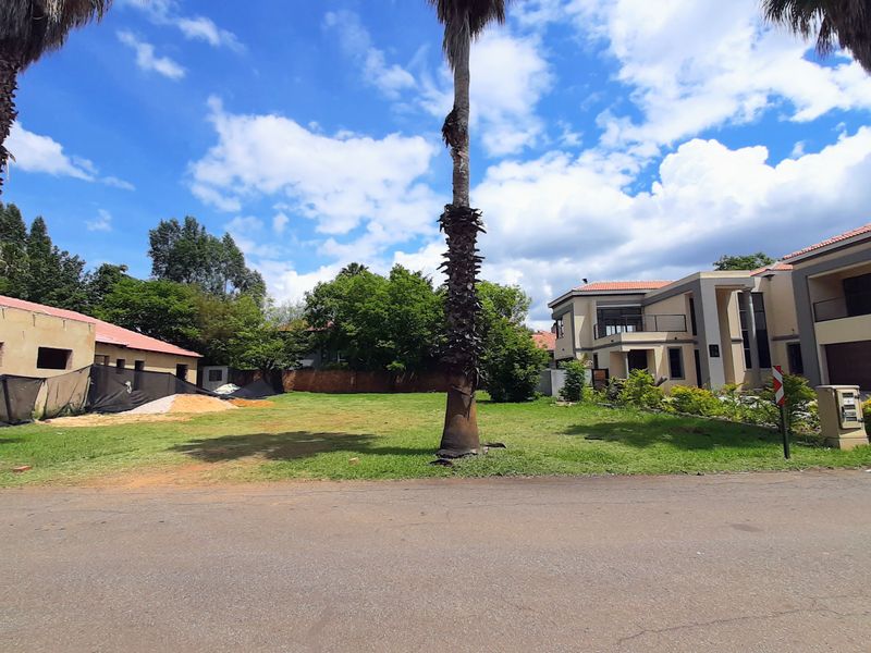 A vacant residential plot featuring a well-maintained grass lawn, mature palm trees, and established boundary walls in a developed neighborhood setting.