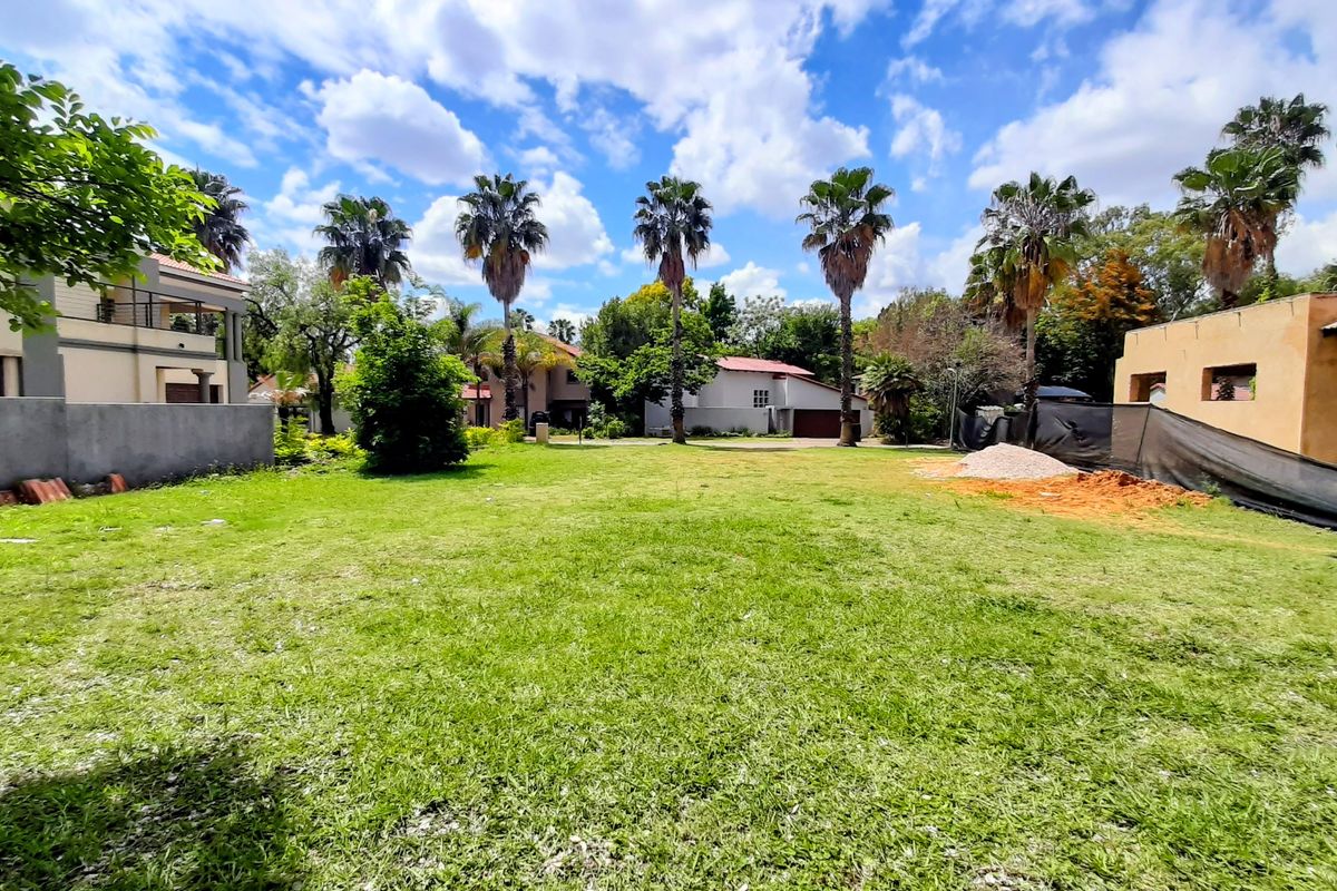 A spacious residential plot featuring a well-maintained lawn, mature palm trees, and established boundary walls, offering a clear area for potential development.