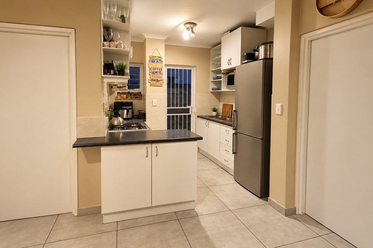 A functional kitchen featuring white cabinetry, dark laminate countertops, a gas hob, and tiled flooring with direct access to an exterior security gate.
