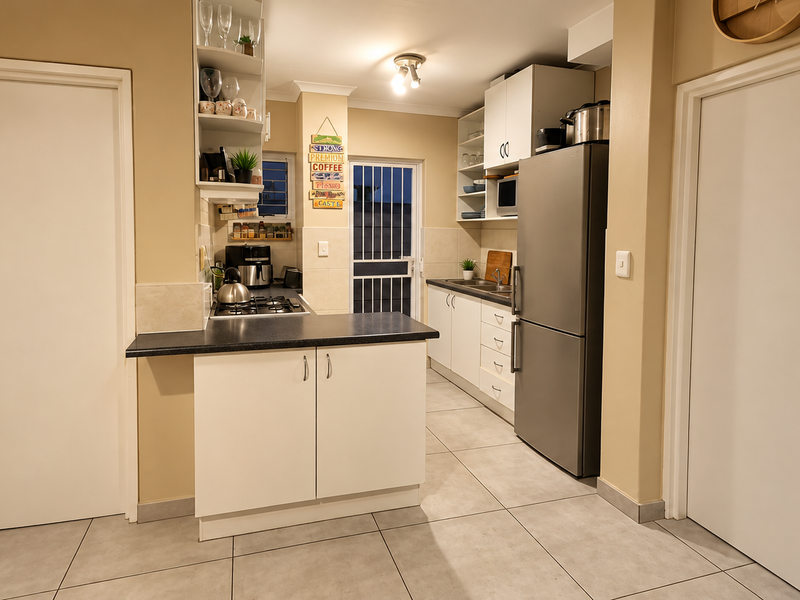 A functional kitchen featuring white cabinetry, dark laminate countertops, a gas hob, and tiled flooring with direct access to an exterior security gate.