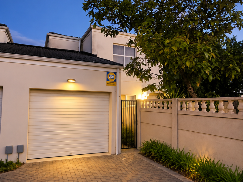 Front exterior view of the townhouse featuring a paved driveway, single garage, and secure boundary wall with integrated lighting.