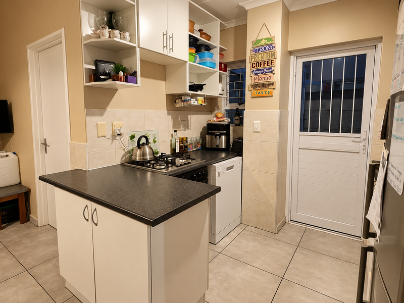A functional kitchen featuring built-in cabinetry, a gas hob, tiled splashback, and direct access to the exterior via a security gate.