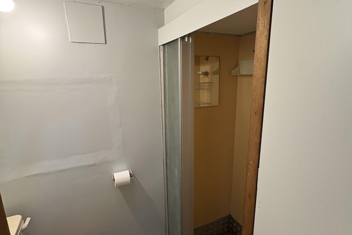 A compact bathroom featuring a shower enclosure, toilet, and extractor fan, requiring cosmetic updates to improve the overall finish and aesthetic appeal.